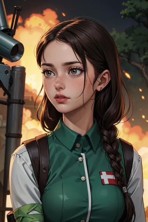 1 girl, adult (elven:0.7) woman, freckles, dark brown eyes, light brown fishtail braid, 
portrait, solo, upper body, looking away, detailed background, detailed face, (fallout theme:1.1), battlefield-medic, field-surgeon, focused, green tattered military medic uniform, vest,    green cross, flag, medical bag, blood soaked bandages,  morphine, medical aid, dirt smudges,  running,  fortified  battlefield trench, barbed wire in background,    dark night, urgency, epic atmosphere,