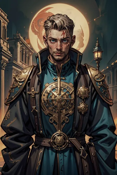 (1man, thin adult ukrainian male:1.2),  coral eyes, blonde hair, short back and sides, 
(style-rustmagic:0.8), portrait, looking away, solo, upper body, detailed background, (symbols,    glyphtech theme:1.1), hexbreaker, smirk,  elaborate intricate  leather clothes, straps, , imperial insignia, , coat, silver blade,   hunting witchraft practicioners, , scarred face, burning medieval house in background, mysterious mist,, dim lighting, eerie atmosphere,