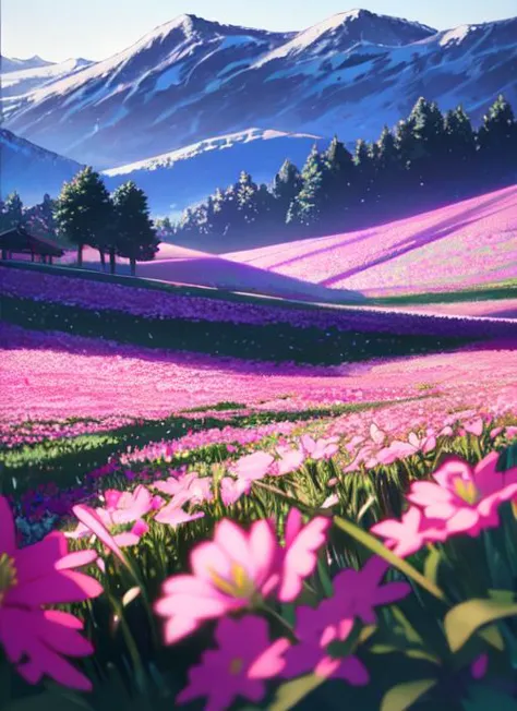 pink flowers in a field with mountains in the background