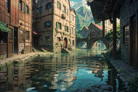 anime scenery of a river with a bridge and buildings in the background