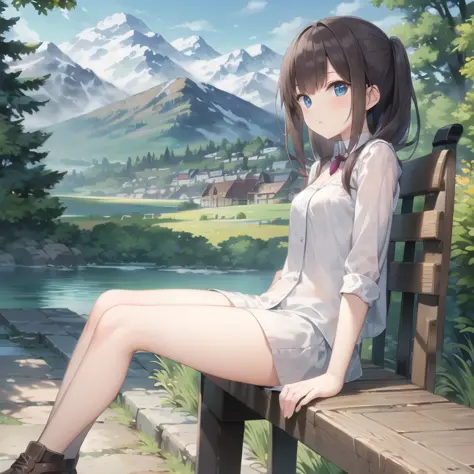 best quality, a girl  sat in a bench, howlbgs, mountain valley in the background