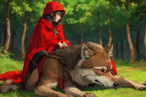 howlbgs, lonely girl in the forrest, red cape, wolf <lora:howlsMovingCastleInterior_v2Fixed:1>