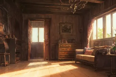 in the style of  <lora:howllatentDADAP4:1> ,  old house, inside, sunlit, lamp,