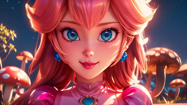 highres,bright,beautiful light,masterpiece,perfect lighting,bloom,cinematic lighting,cowboy shot,adult,choker,blue eyes,sensual,mushrooms,mushroom kingdom,(day:1.3),looking at viewer,(PrincessPeach),female,skinny,<lora:mpeachv6:0.8>,smile,pursed lips,((glossy lips)),narrow waist,perfect skin,detailed eyes,pink lips,shiny,oily skin,glossy skin,shiny clothes,