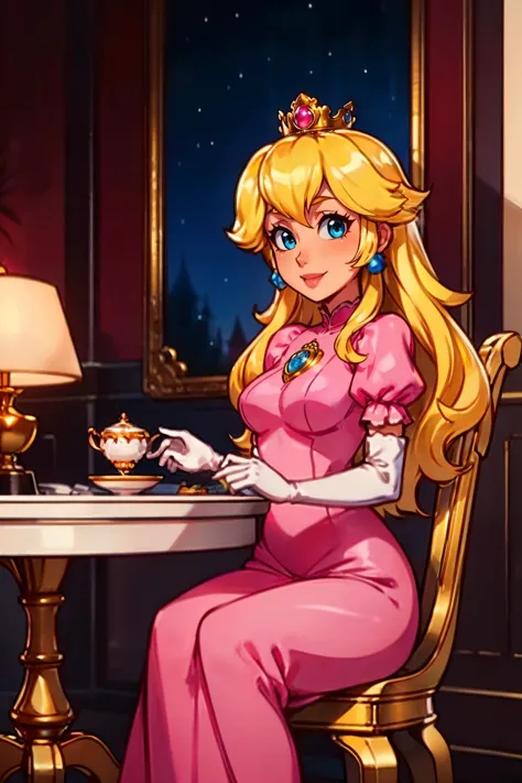 mpeach, blue eyes, blonde hair, gold crown, long pink dress, white gloves, looking at viewer, smiling, sitting, on chair, inside...