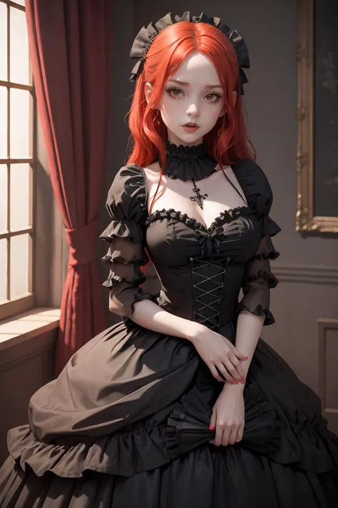 a close up of a woman in a black dress with red hair