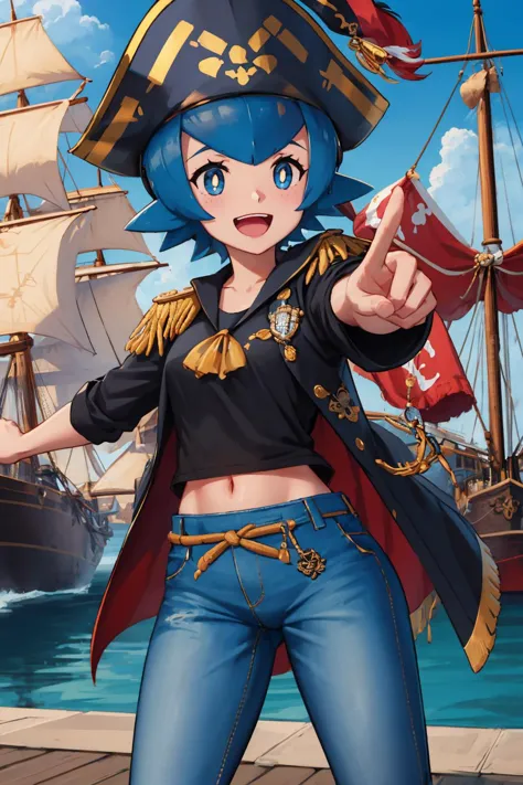 masterpiece, best quality, <lora:pkmnlana-nvwls-v1-000009:1> pkmnLana, white pupils, black t-shirt, jeans, pirate hat, :D, furrowed brow, docks, standing, pirate ship, pointing, black coat, epaulettes, frilled shirt, black pants