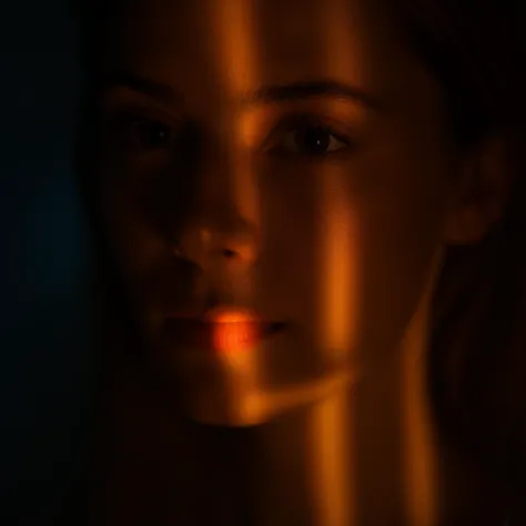 a close up of a woman's face with a light shining through the blinds