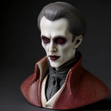 a close up of a statue of a man with a vampire look on his face