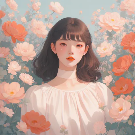 Illustration, low saturation, beauty, flowers and girls, artistic style, romance, fantasy, Hsiao Ron Cheng style, high-definition, high image quality，8K