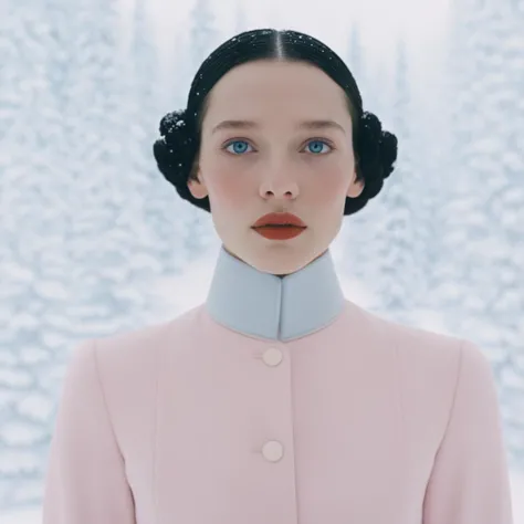 The Grand Budapest Hotel, movie, symmetry, snowing, Snow White, 16 years old, Russian supermodel, fairy tale, vivid, delicate face, extremely realistic, minimalist design, quiet, classic, Tim Walker, 2DNBFKnPhQOprkHtpd5oB8OrE