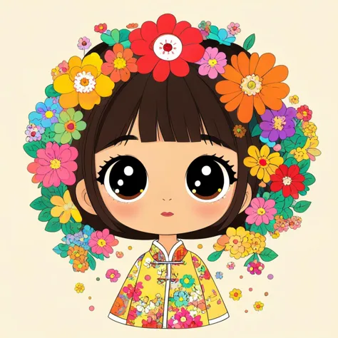 Cute Chinese girl, illustrator, Takashi Murakami, flowers, colorful, big eyes，flat, Illustrator
