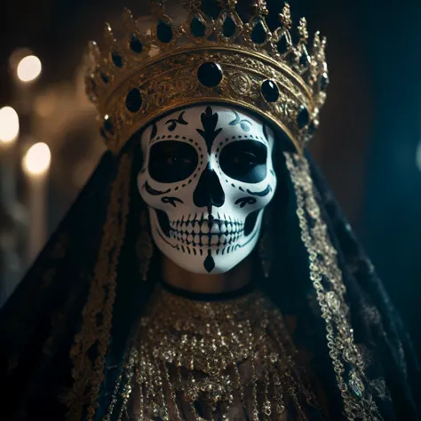 a close up of a person wearing a skull makeup and a crown