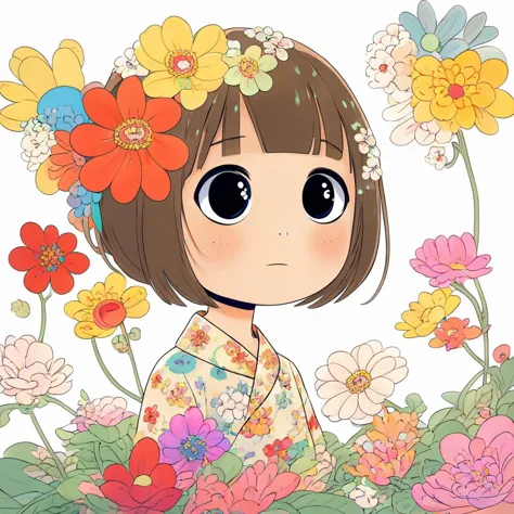 Cute Chinese girl, illustrator, Takashi Murakami, flowers, colorful, big eyes，flat, Illustrator