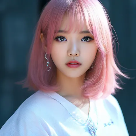 a close up of a person with pink hair and a white shirt