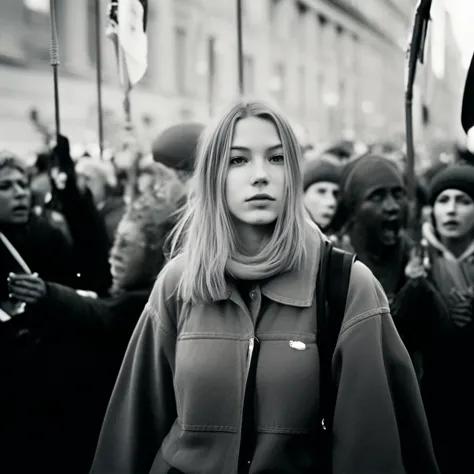 arafed woman in a crowd of people holding flags and umbrellas