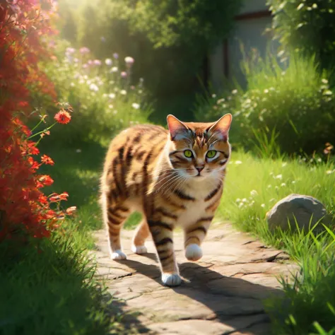 there is a cat walking on a path in the grass