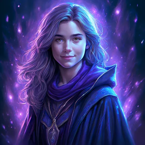 young sorcerer, in the style of Magali villeneuve, dark academia, hyper detailed illustration, loose brushstrokes, vibrant purple and blue color palette