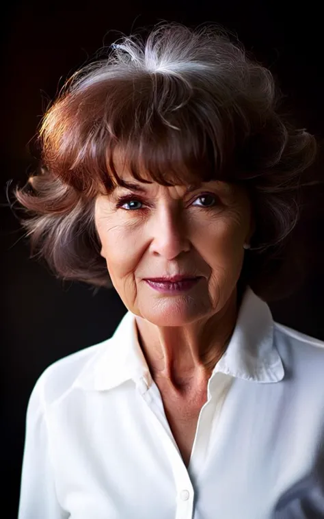 cinematic photo of 88 years woman facing the camera, shot from waist up, (casual white business dress), long auburn hair and bangs, tooth gap, snub nose, serious, (brown brown brown eyes), semetric eyes, sharp pupils, looks serious, Emotional facial expression and pose, smeared smile, (slightly open lips) curly brown hair, soothing skin tones.

35mm photograph, film, bokeh, professional, 4k, highly detailed. shallow depth of field, vignette, highly detailed, high budget, frontal light, moody, epic, gorgeous, film grain, grainy.

high volumetric spotlight, high reflection, (direct backlighting), Slightly worn environment, complementary colors, black solid background.