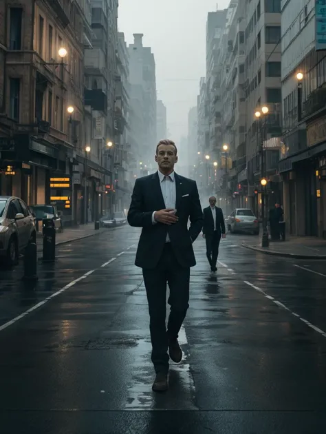 arafed image of a man in a suit walking down a street