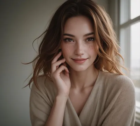 a close up of a woman with a cell phone near a window