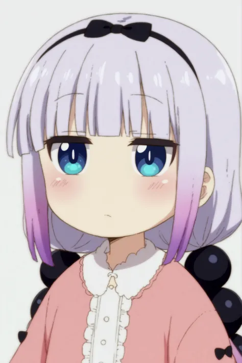 anime girl with purple hair and blue eyes and a pink sweater