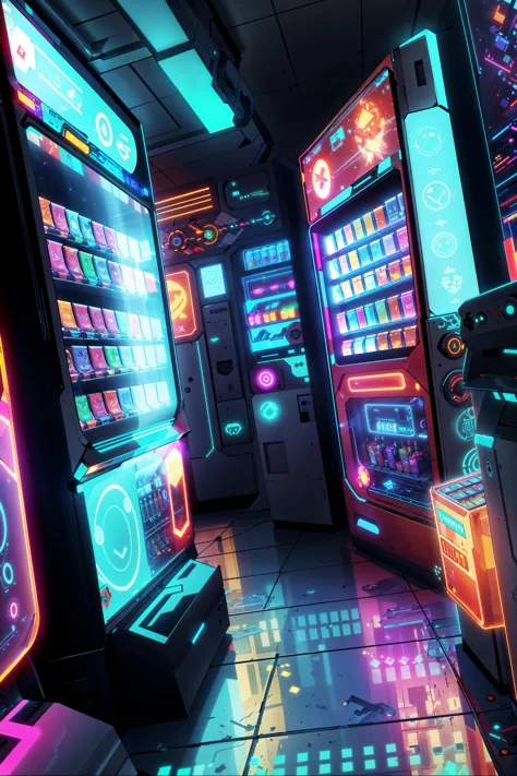 <lora:AdsTech:0.8> adstech, colorful symbols , hologram, scifi, (masterpiece, best quality, highly detailed:1.2), (photo, low angle, dutch angle), (vending machines), cybernetic, futuristic neons, luminous technology,