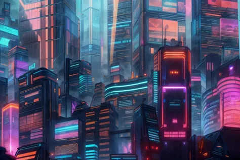 masterpiece, adstech, city skyline, highrise buildings, neon lights, light beams, holographic, (glowing lights:1.2), scifi, cybe...