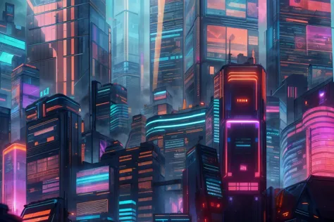 masterpiece, adstech, city skyline, highrise buildings, neon lights, light beams, holographic, (glowing lights:1.2), scifi, cyberpunk, vibrant, best quality, amazing details,  <lora:AdsTech:1>  <lora:add_detail:1>