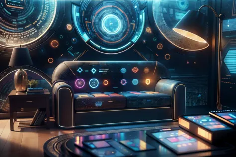 masterpiece, adstech, living room, scifi, colorful symbols, holographic, best quality,  <lora:AdsTech:1>