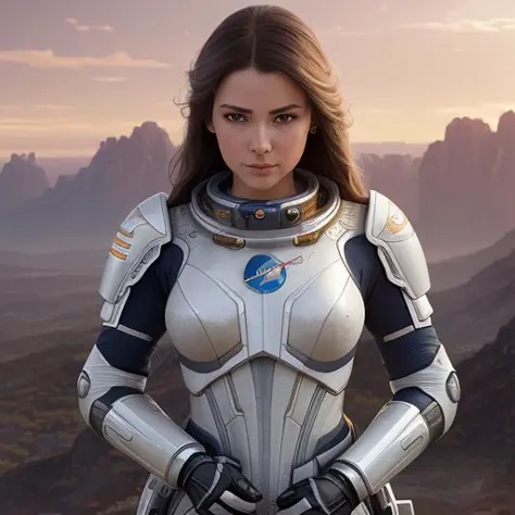 (extremely detailed CG unity 8k wallpaper), full shot body photo of a (((beautiful badass woman space solider))) with ((white hair)), ((wearing an advanced futuristic fight suit)), ((standing on a battlefield)), debris of a wrecked spaceship and stars and ...