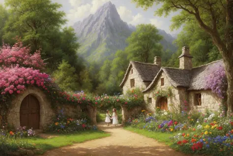 hobbits village in Shire, underground houses near a beautiful garden with fruit trees and vegetable gardens, (fields in the background)++, the lord of the rings universe. Pierre Auguste Cot, Oil on Canvas, 1873, highly detailed, matte, elegant, the most be...