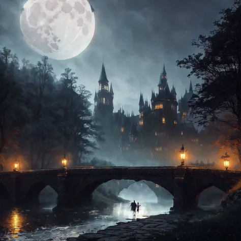 by jakub rozalski, path through the edge of a beautiful forest to the old Gothic vampire castle the night moon, a bridge over a river and a medieval village, dark fantasy style, particles, lines, wind, concept art, sharp focus, vivid colors
