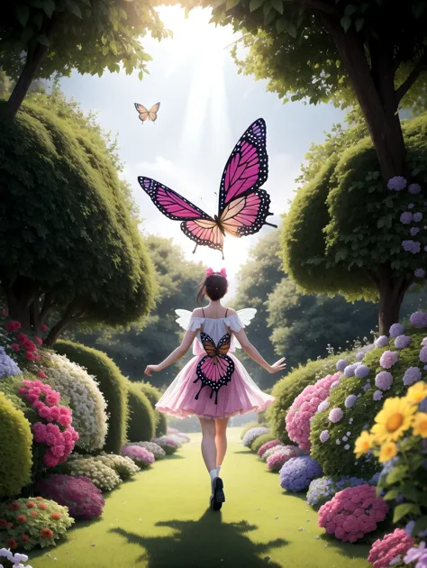 a woman in a pink dress is walking through a garden with a butterfly