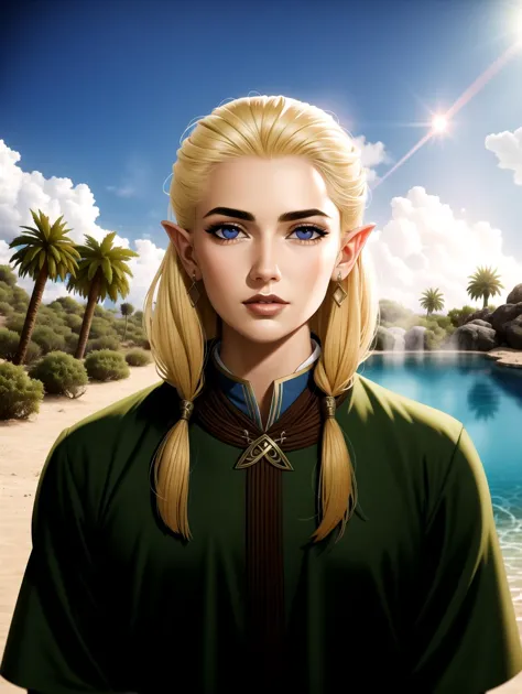 ((masterpiece), best quality, high quality, professional quality, highly detailed, highres, perfect lighting, natural lighting), middle earth, Cleric Healing the wounded with a touch, King, Short, Muscular, Diamond-Shaped Face, Olive Skin, Golden Blonde Hair, pink Eyes, Wide Nose, Thick Lips, Round Chin, Imperial, Long, Comb Over, A desert oasis, with shimmering pools of crystal-clear water and palm trees swaying in the breeze, Tolkien, perfecteyes eyes, <lora:lora_perfecteyes_v1_from_v1_160:1>