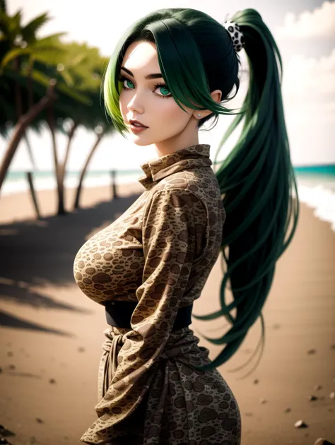 a woman with green hair and a brown dress on a beach