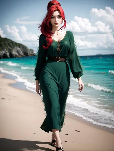 arafed woman in green dress walking on beach near ocean