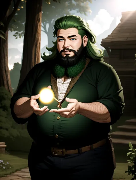 ((masterpiece), best quality, high quality, professional quality, highly detailed, highres, perfect lighting, natural lighting), (1boy, overweight, handsome, long beard, short hair, green hair), wearing fantasy clothing, casting a spell, outdoors, perfecteyes eyes, <lora:lora_perfecteyes_v1_from_v1_160:1>