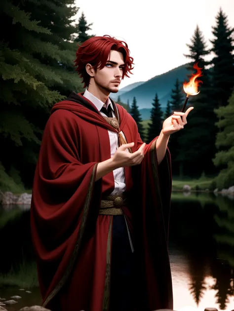 ((masterpiece), best quality, high quality, professional quality, highly detailed, highres, perfect lighting, natural lighting), (1boy, slender, handsome, no facial hair, short hair, red hair), wearing wizard robes, casting a spell, by a lake, perfecteyes eyes, <lora:lora_perfecteyes_v1_from_v1_160:1>