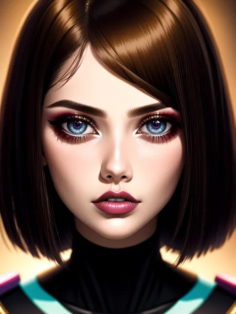 a digital painting of a woman with a bob cut and blue eyes