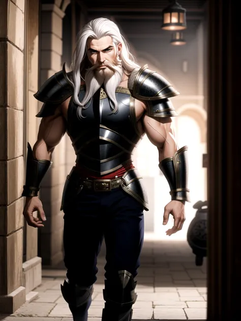 ((masterpiece), best quality, high quality, professional quality, highly detailed, highres, perfect lighting, natural lighting), (1boy, muscular, handsome, long beard, long hair, white hair), wearing armor, running, in a fantasy town, perfecteyes eyes, <lora:lora_perfecteyes_v1_from_v1_160:1>