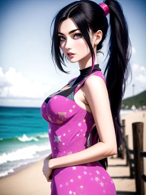 a close up of a woman in a purple dress on a beach