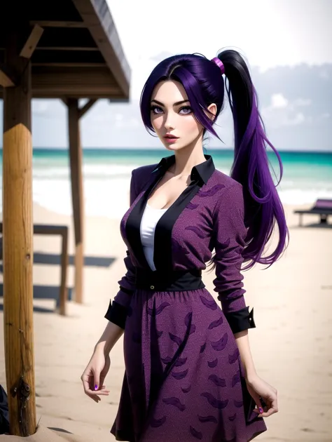 a close up of a woman with purple hair and a purple dress