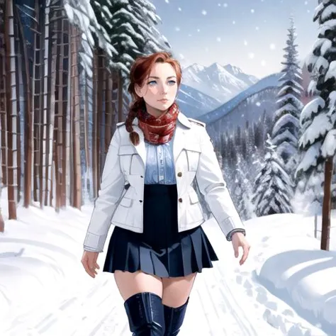 anime girl walking in the snow with a scarf and boots