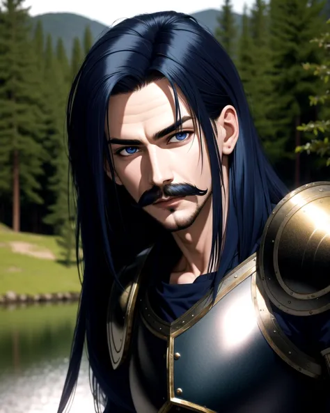 ((masterpiece), best quality, high quality, professional quality, highly detailed, highres, perfect lighting, natural lighting), (1boy, slender, handsome, mustache, long hair, blue hair), wearing armor, fighting, by a lake, perfecteyes eyes, <lora:lora_perfecteyes_v1_from_v1_160:1>