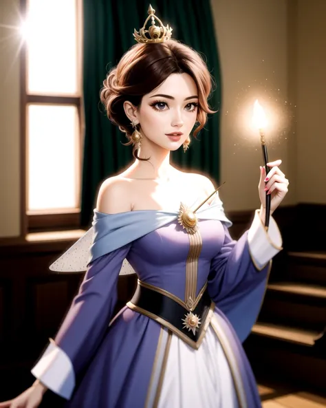 a woman in a purple dress holding a wand and a wand