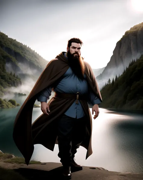 ((masterpiece), best quality, high quality, professional quality, highly detailed, highres, perfect lighting, natural lighting), (1boy, overweight, handsome, long beard, short hair, brown hair), wearing wizard robes, fighting, by a lake, perfecteyes eyes, <lora:lora_perfecteyes_v1_from_v1_160:1>