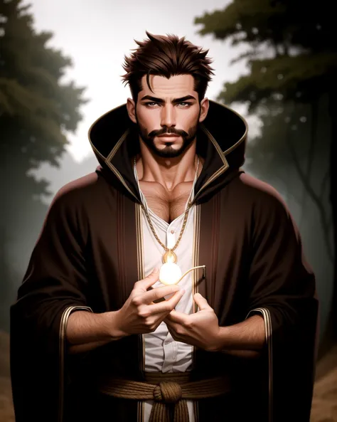 ((masterpiece), best quality, high quality, professional quality, highly detailed, highres, perfect lighting, natural lighting), (1boy, muscular, handsome, facial hair, short hair, brown hair), wearing wizard robes, casting a spell, outdoors, perfecteyes eyes, <lora:lora_perfecteyes_v1_from_v1_160:1>