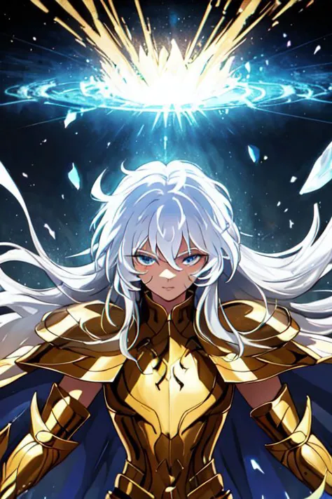 Best quality, masterpiece, detailed, epic, 1man, aura, golden cloth, armor, golden armor, white coat, white long hair, virgo