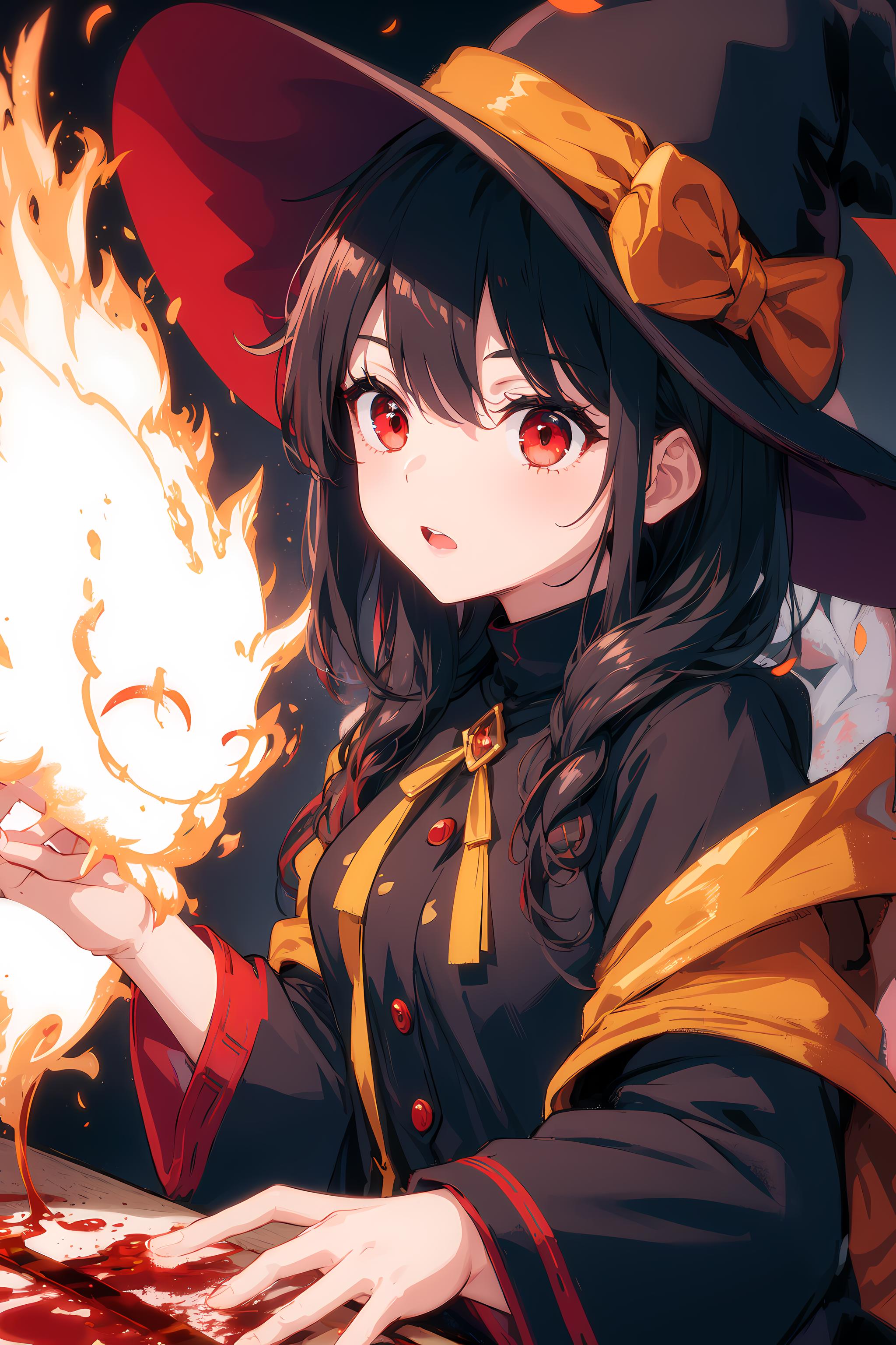 Anime girl with a hat and a fire in her hand - SeaArt AI